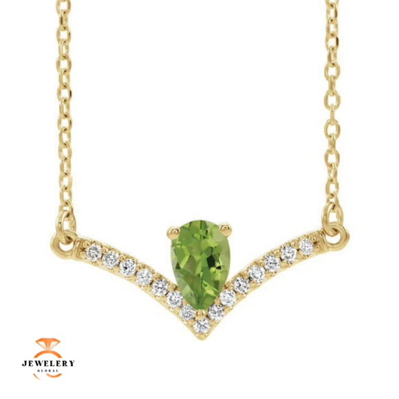 14KT GOLD 0.48 CT PERIDOT & .08 CTW DIAMOND ACCENT "V" BAR NECKLACE - Image 5
