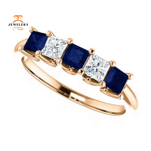 14KT GOLD 0.60 CTW SAPPHIRE & 0.33 CTW DIAMOND SQUARE 5 STONE BAND - Image 5