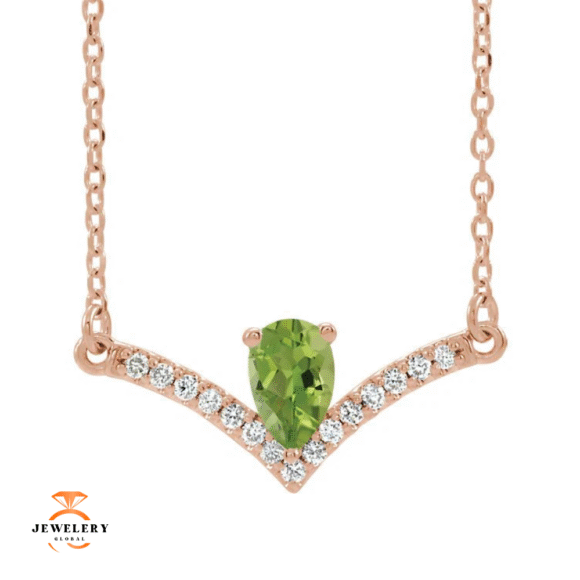 14KT GOLD 0.48 CT PERIDOT & .08 CTW DIAMOND ACCENT "V" BAR NECKLACE - Image 3