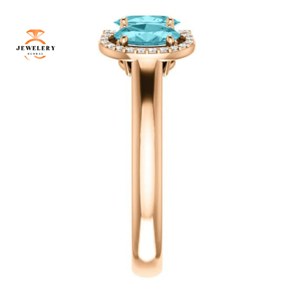 14KT GOLD 2.25 CTW BLUE ZIRCON & 0.10 CTW DIAMOND 3 STONE OVAL HALO RING - Image 10