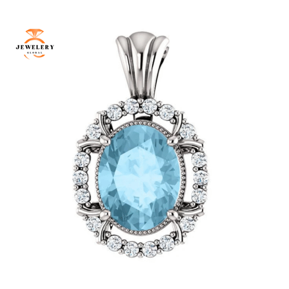 14KT GOLD 1.70 CT AQUAMARINE & .17 CTW DIAMOND OVAL HALO PENDANT - Image 4