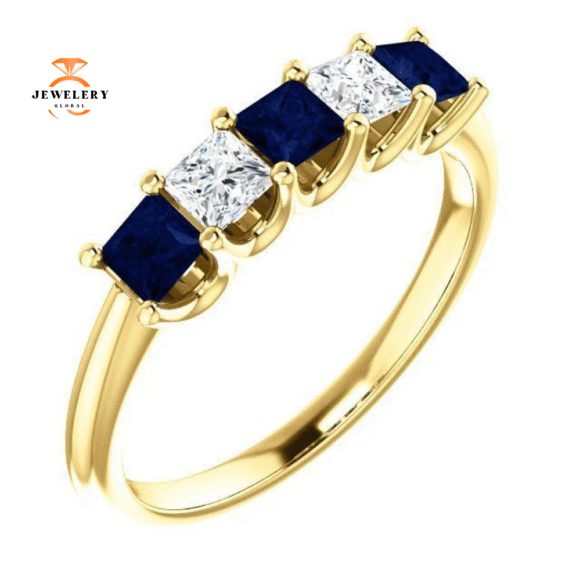 14KT GOLD 0.60 CTW SAPPHIRE & 0.33 CTW DIAMOND SQUARE 5 STONE BAND - Image 7