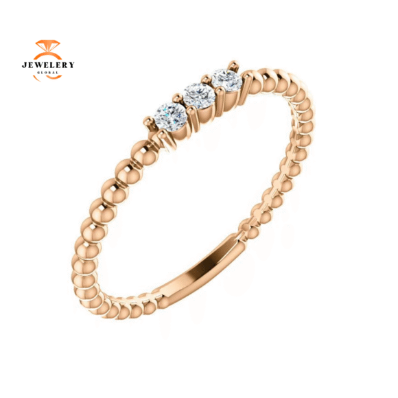 14KT GOLD 1/10 CTW DIAMOND 3 STONE BBEADED STACKABLE RING