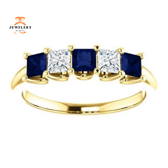 14KT GOLD 0.60 CTW SAPPHIRE & 0.33 CTW DIAMOND SQUARE 5 STONE BAND - Image 9
