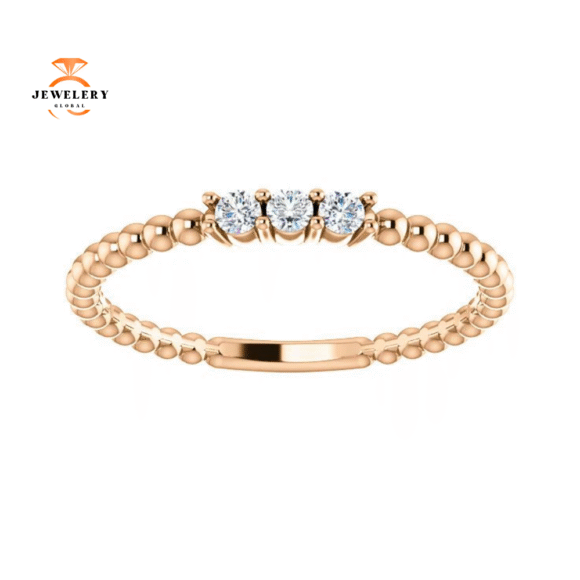 14KT GOLD 1/10 CTW DIAMOND 3 STONE BBEADED STACKABLE RING - Image 2