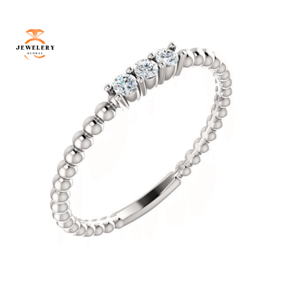 14KT GOLD 1/10 CTW DIAMOND 3 STONE BBEADED STACKABLE RING - Image 5