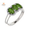 14KT GOLD 1.44 CTW GREEN TOURMALINE & .10 CTW DIAMOND 3 STONE OVAL HALO RING