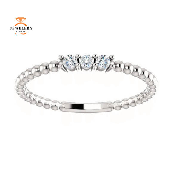 14KT GOLD 1/10 CTW DIAMOND 3 STONE BBEADED STACKABLE RING - Image 6