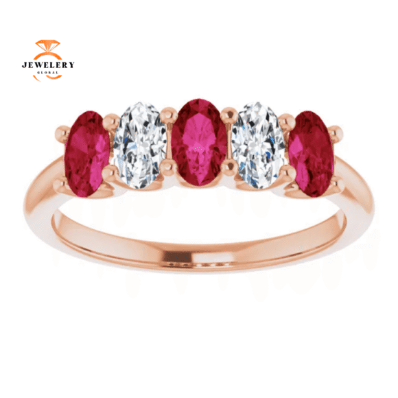 14KT GOLD 0.96 CTW RUBY & 0.50 CTW DIAMOND OVAL 5 STONE BAND - Image 3