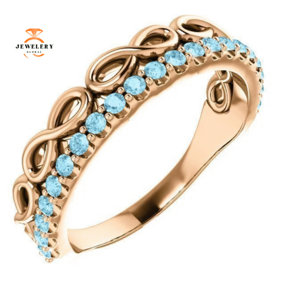 14KT GOLD 0.35 CTW AQUAMARINE INFINITY STACKABLE RING - Image 5