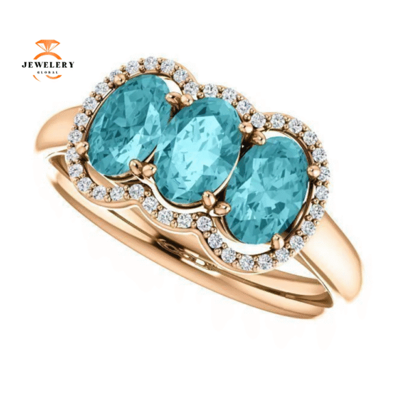 14KT GOLD 2.25 CTW BLUE ZIRCON & 0.10 CTW DIAMOND 3 STONE OVAL HALO RING - Image 11