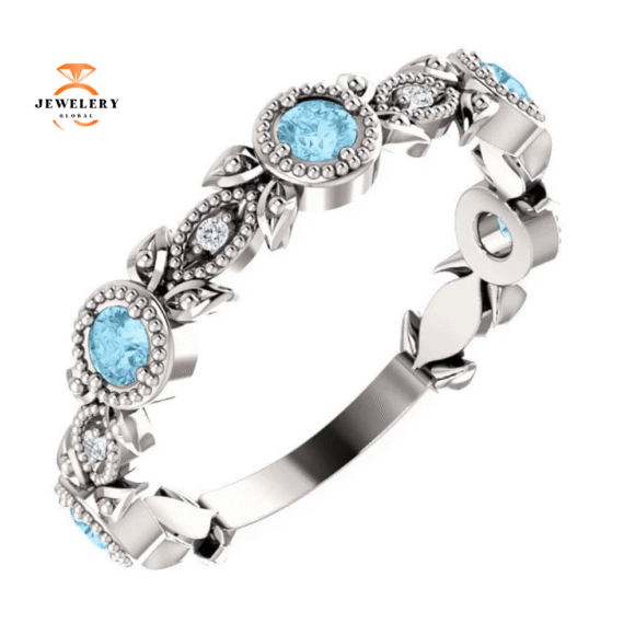 14KT GOLD 0.30 CTW AQUAMARINE & 0.03 CTW DIAMOND LEAF RING