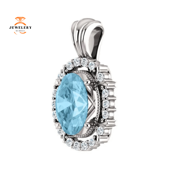 14KT GOLD 1.70 CT AQUAMARINE & .17 CTW DIAMOND OVAL HALO PENDANT - Image 5