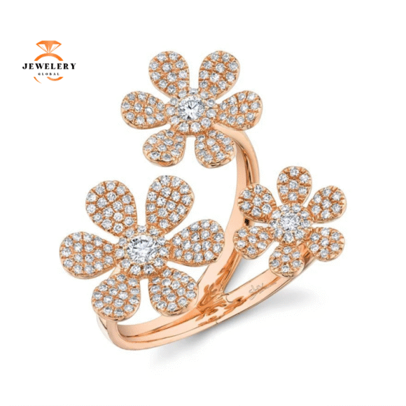 14KT GOLD 0.62 CTW PAVE DIAMOND 3 FLOWER RING
