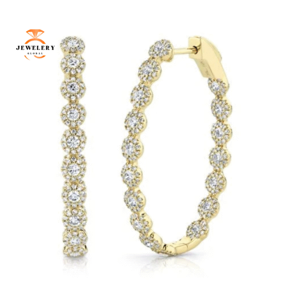 14KT GOLD 2.05 CTW DIAMOND OVAL HOOP HALO EARRINGS - Image 2