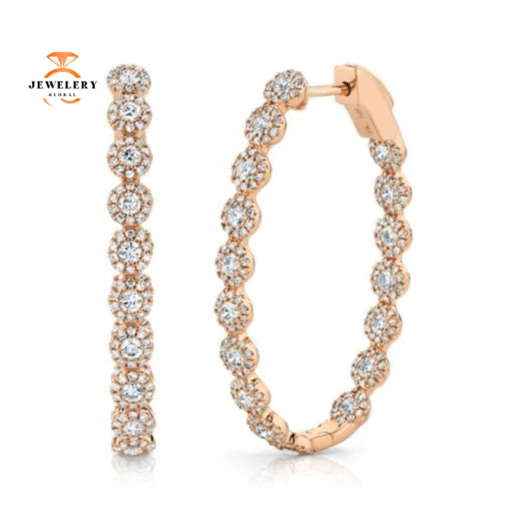 14KT GOLD 2.05 CTW DIAMOND OVAL HOOP HALO EARRINGS - Image 3