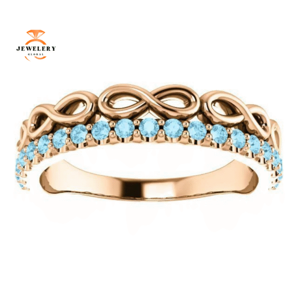 14KT GOLD 0.35 CTW AQUAMARINE INFINITY STACKABLE RING - Image 7