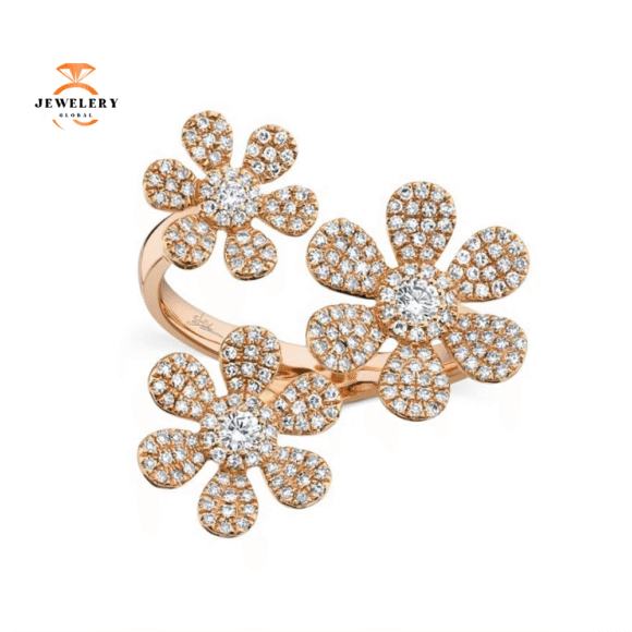 14KT GOLD 0.62 CTW PAVE DIAMOND 3 FLOWER RING - Image 2