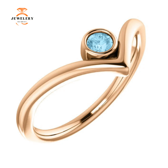 14KT GOLD 0.10 CT ROUND AQUAMARINE BEZEL-SET "V" RING