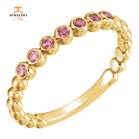 14KT GOLD 0.21 CTW PINK TOURMALINE BEADED STACKABLE RING - Image 4