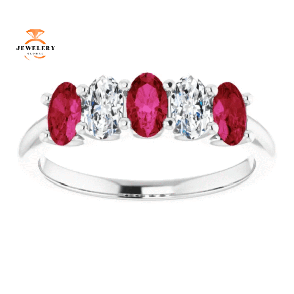 14KT GOLD 0.96 CTW RUBY & 0.50 CTW DIAMOND OVAL 5 STONE BAND - Image 8