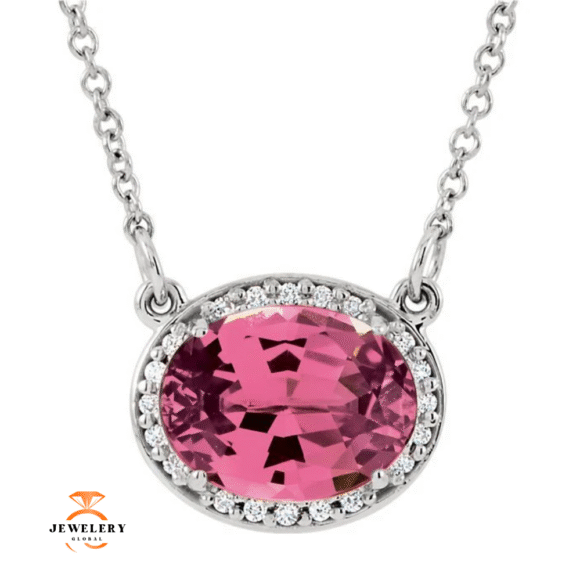 14KT GOLD 2.10 CT PINK TOURMALINE & 0.05 CTW DIAMOND OVAL HALO NECKLACE