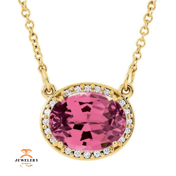 14KT GOLD 2.10 CT PINK TOURMALINE & 0.05 CTW DIAMOND OVAL HALO NECKLACE - Image 2