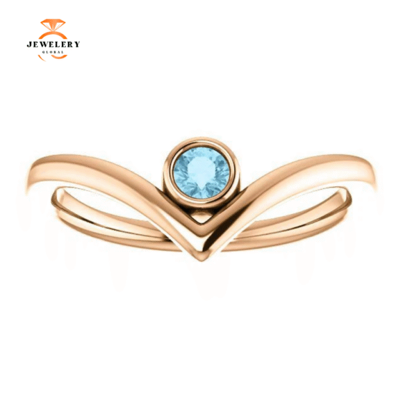 14KT GOLD 0.10 CT ROUND AQUAMARINE BEZEL-SET "V" RING - Image 11