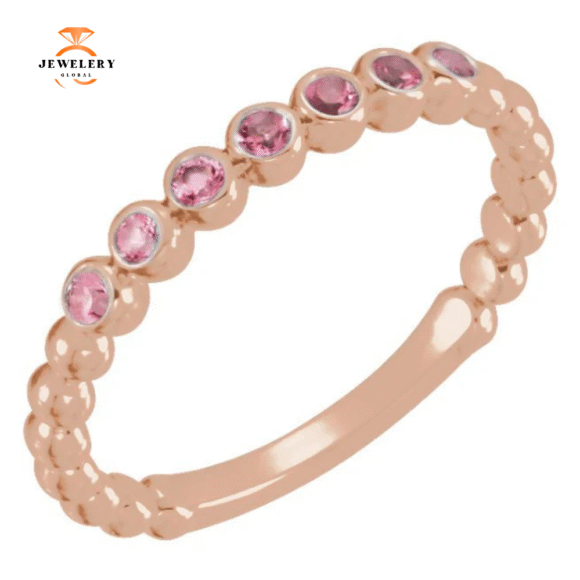 14KT GOLD 0.21 CTW PINK TOURMALINE BEADED STACKABLE RING - Image 3