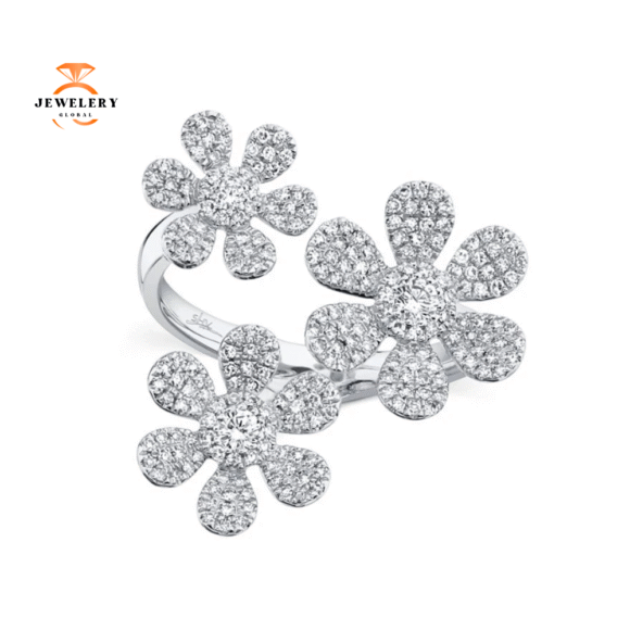 14KT GOLD 0.62 CTW PAVE DIAMOND 3 FLOWER RING - Image 8