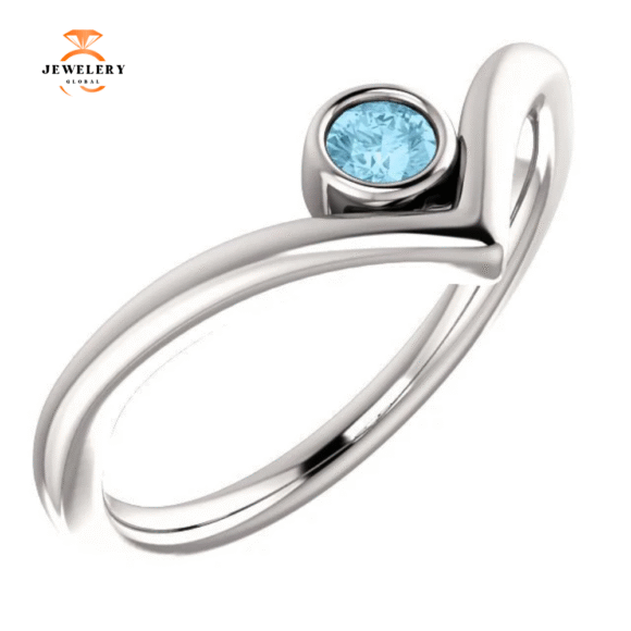 14KT GOLD 0.10 CT ROUND AQUAMARINE BEZEL-SET "V" RING - Image 9