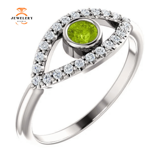 14KT GOLD 0.22 CT PERIDOT & 0.48 CTW WHITE SAPPHIRE EVIL EYE RING