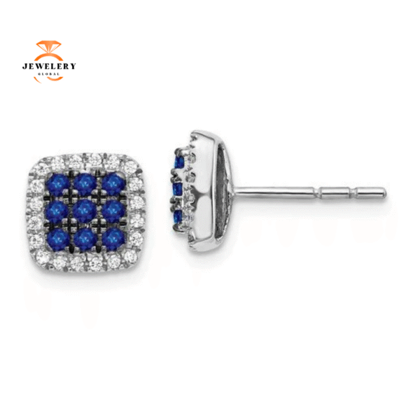14KT GOLD 0.48 CTW SAPPHIRE & 0.20 CTW DIAMOND SQUARE CLUSTER HALO EARRINGS
