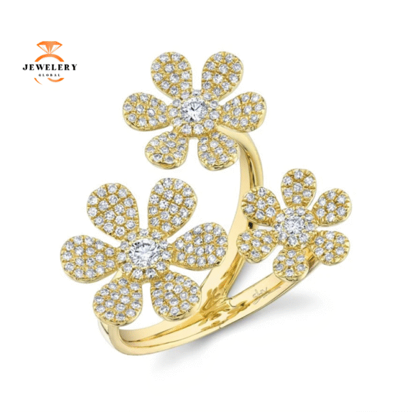 14KT GOLD 0.62 CTW PAVE DIAMOND 3 FLOWER RING - Image 4