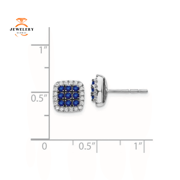 14KT GOLD 0.48 CTW SAPPHIRE & 0.20 CTW DIAMOND SQUARE CLUSTER HALO EARRINGS - Image 2