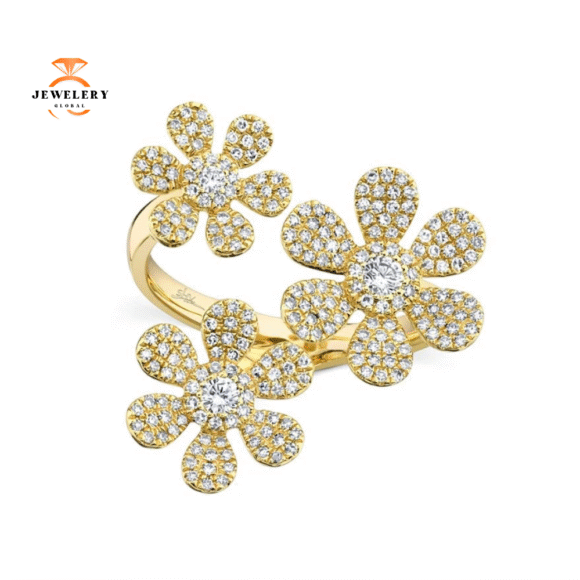 14KT GOLD 0.62 CTW PAVE DIAMOND 3 FLOWER RING - Image 5