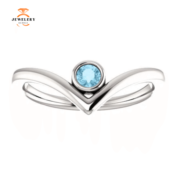 14KT GOLD 0.10 CT ROUND AQUAMARINE BEZEL-SET "V" RING - Image 7