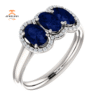 14KT GOLD 2.10 CTW SAPPHIRE & 0.10 CTW DIAMOND 3 STONE OVAL HALO RING
