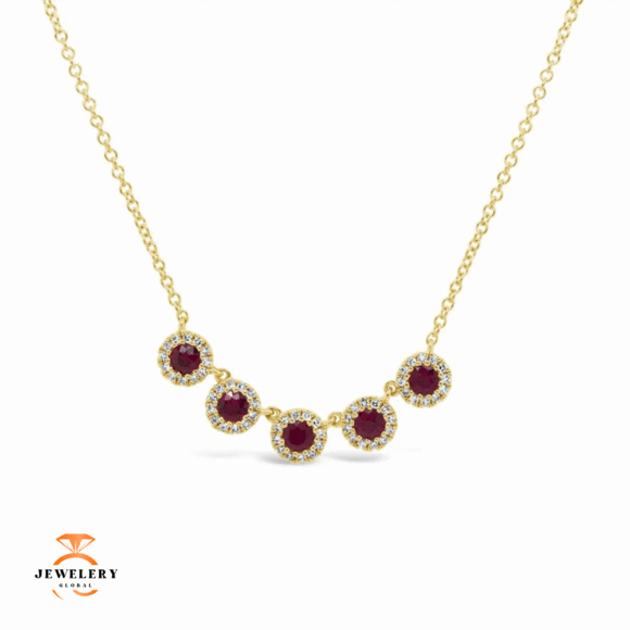 14KT GOLD 0.49 CTW RUBY & 0.16 CTW DIAMOND HALO NECKLACE