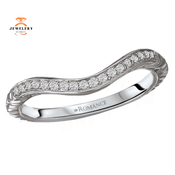 14KT White Gold .09 CTW Vintage Curved Engraved Wedding Band