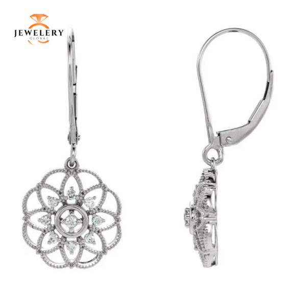 14KT 1/5 CTW DIAMOND FLOWER GRANULATED FILIGREE EARRINGS - Image 2