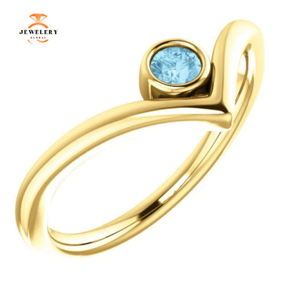 14KT GOLD 0.10 CT ROUND AQUAMARINE BEZEL-SET "V" RING - Image 5