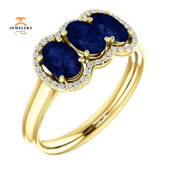 14KT GOLD 2.10 CTW SAPPHIRE & 0.10 CTW DIAMOND 3 STONE OVAL HALO RING - Image 12