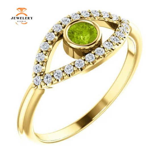14KT GOLD 0.22 CT PERIDOT & 0.48 CTW WHITE SAPPHIRE EVIL EYE RING - Image 9