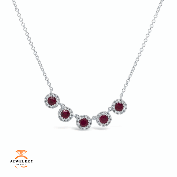 14KT GOLD 0.49 CTW RUBY & 0.16 CTW DIAMOND HALO NECKLACE - Image 2
