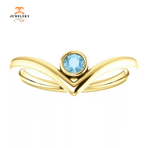 14KT GOLD 0.10 CT ROUND AQUAMARINE BEZEL-SET "V" RING - Image 3