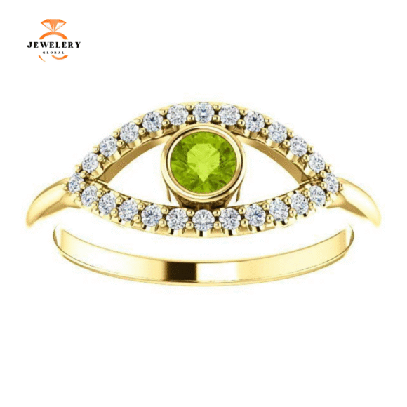 14KT GOLD 0.22 CT PERIDOT & 0.48 CTW WHITE SAPPHIRE EVIL EYE RING - Image 11