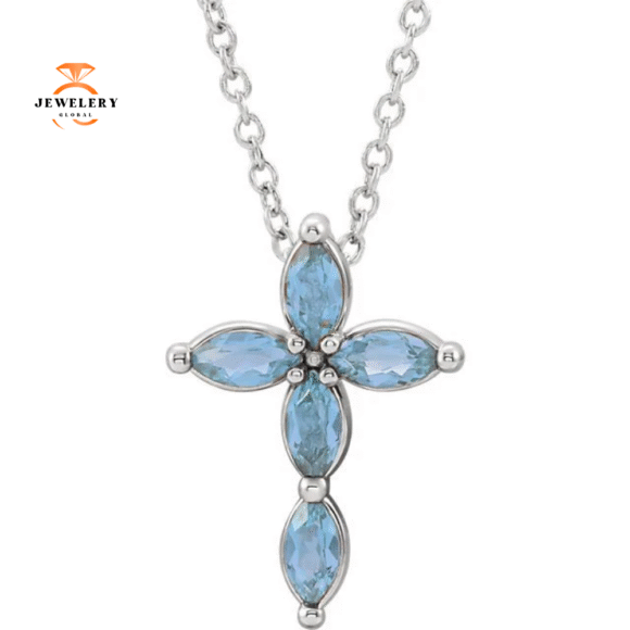14KT GOLD 0.35 CTW MARQUISE AQUAMARINE PETITE CROSS NECKLACE