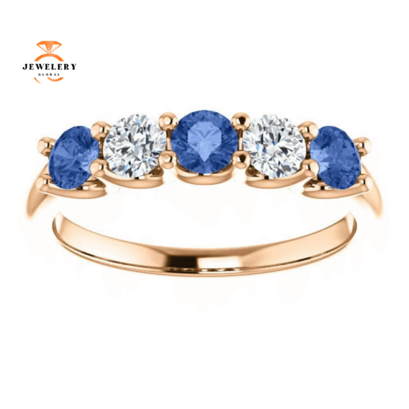 14KT GOLD 0.63 CTW SAPPHIRE & 0.30 CTW DIAMOND 5 STONE BAND - Image 3