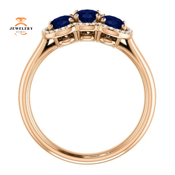 14KT GOLD 2.10 CTW SAPPHIRE & 0.10 CTW DIAMOND 3 STONE OVAL HALO RING - Image 2
